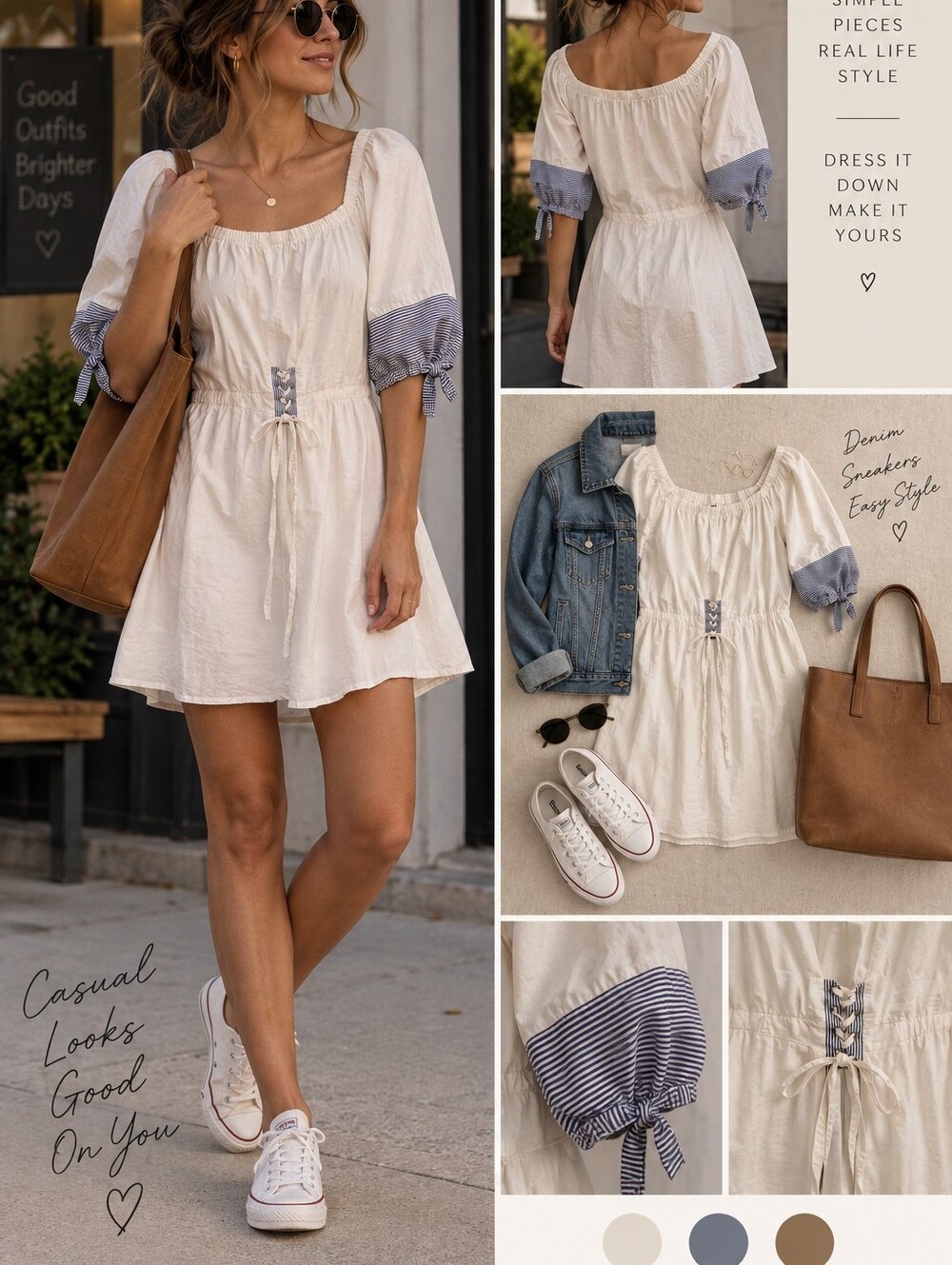 Women's Cream Cotton Peasant Dress with Blue Stripe Sleeves